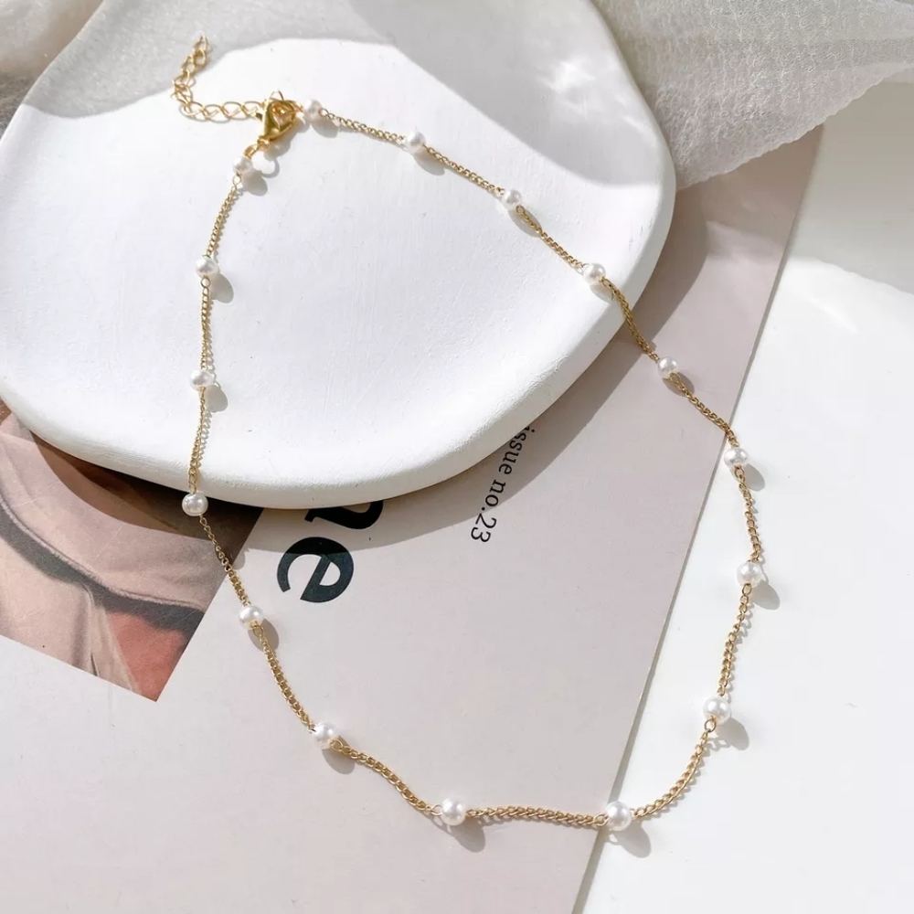 NEW IMITATION PEARL BEADS GOTH CHAIN CLAVICLE KPOP LINK CHOKER GOLD NECKLACE - Picture 3 of 3
